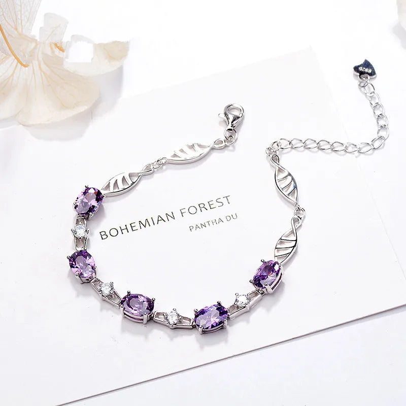 925 Silver Egg-Shaped Purple Crystal Bracelet for Women