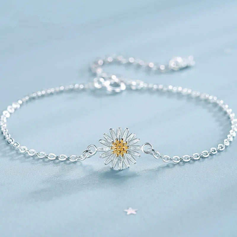 925 Sterling Silver Daisy Flower Silver Bracelet European American Jewelry