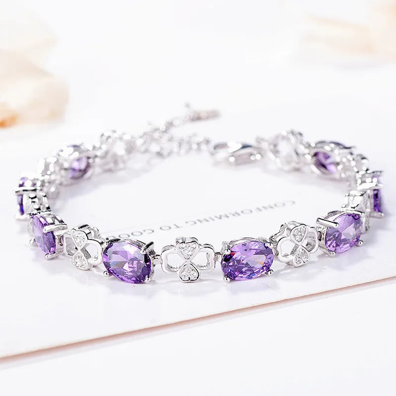 925 Sterling Silver Purple Crystal Heart Bracelet Couple Gift