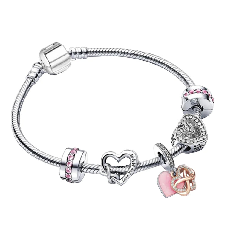 925 Silver Intertwined Heart Snake Bracelet Pink Diamond Sparkle