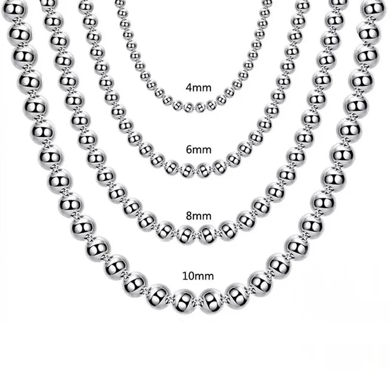 925 Sterling Silver Beads Chain Necklace Lobster Clasp Men Women Jewelry