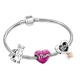 925 Silver MOM Heart Pendant Snake Bone Bracelet Set Purple Ripple Jewelry