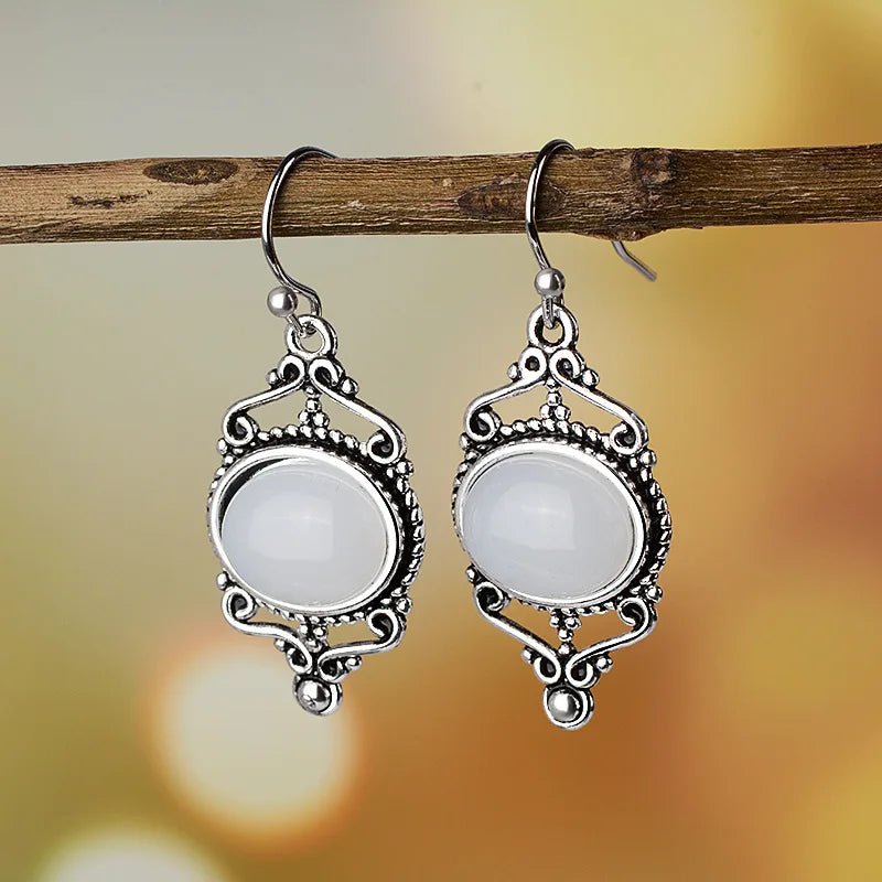 Women's 925 Vintage Thai Silver Moonstone Earrings Punk Style Gift