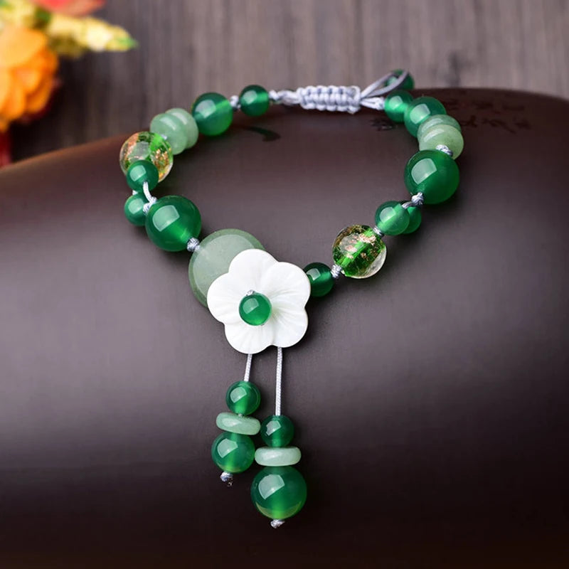 Adjustable Green Beads Bracelet Handmade Retro Rope Jewelry Gift