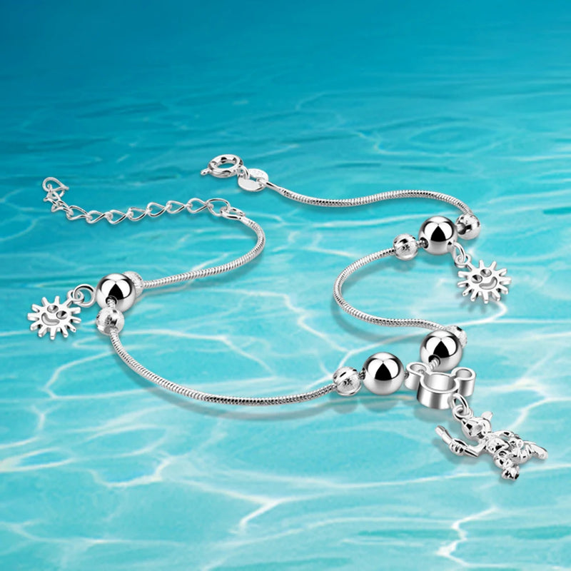 925 Sterling Silver Women's Anklet with Mickey Round Bead Chain