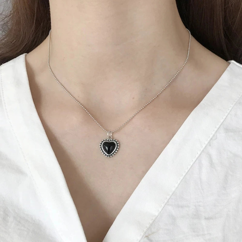 Sterling Silver Beads & Agate Heart Pendant Necklace