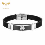 Lucky Clover Leather Bracelet Stainless Steel Cuff