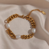 Women's Stainless Steel Cuban Link Bracelet with Pearl Accent