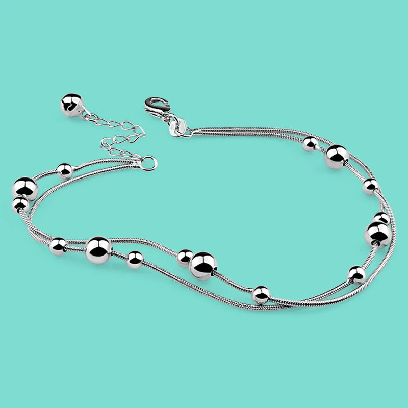 925 Silver Minimalist Bead Chain Ankle Bracelet Beach Jewelry