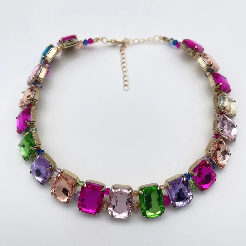 Colorful Square Glass Crystal Necklace with 19 Beads