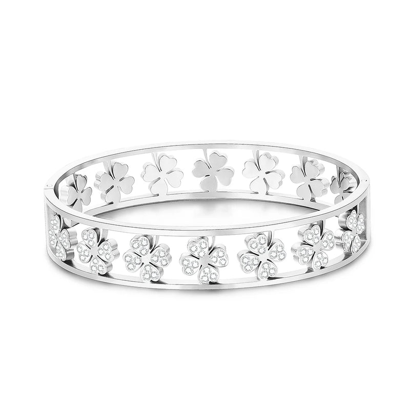 Crystal Clover Bracelet Silver Stainless Steel Wedding Jewelry