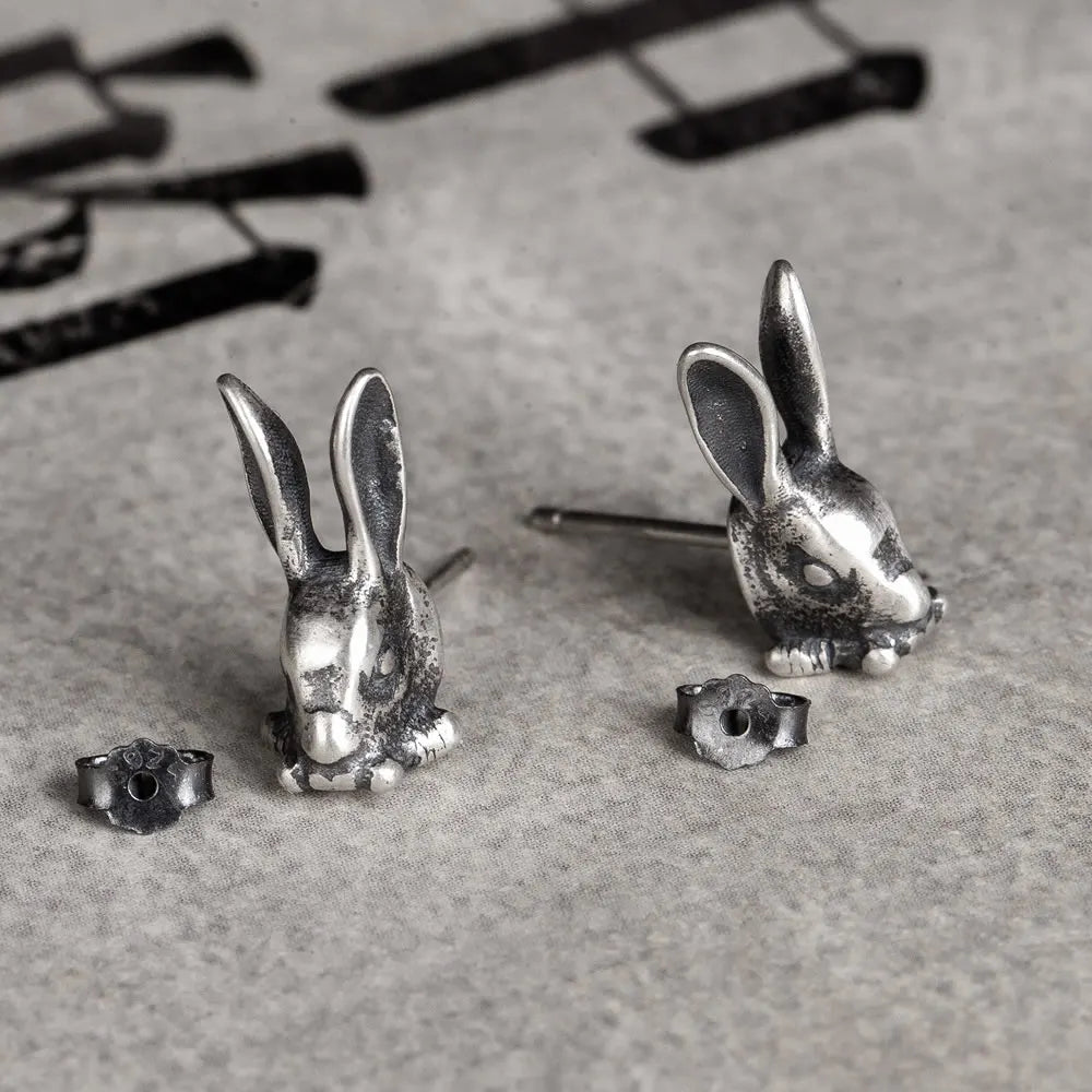 Punk Rabbit Silver Stud Earrings Vintage Women Teen Jewelry