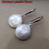 Silver Coin Shape Natural Freshwater Pearl Drop Earrings