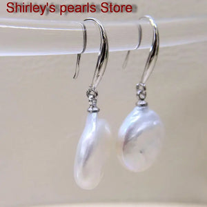 Silver Coin Shape Natural Freshwater Pearl Drop Earrings