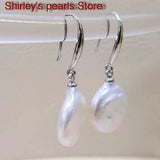 Silver Coin Shape Natural Freshwater Pearl Drop Earrings