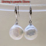 Silver Coin Shape Natural Freshwater Pearl Drop Earrings