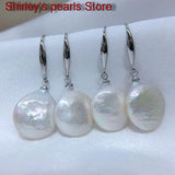 Silver Coin Shape Natural Freshwater Pearl Drop Earrings