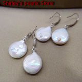 Silver Coin Shape Natural Freshwater Pearl Drop Earrings