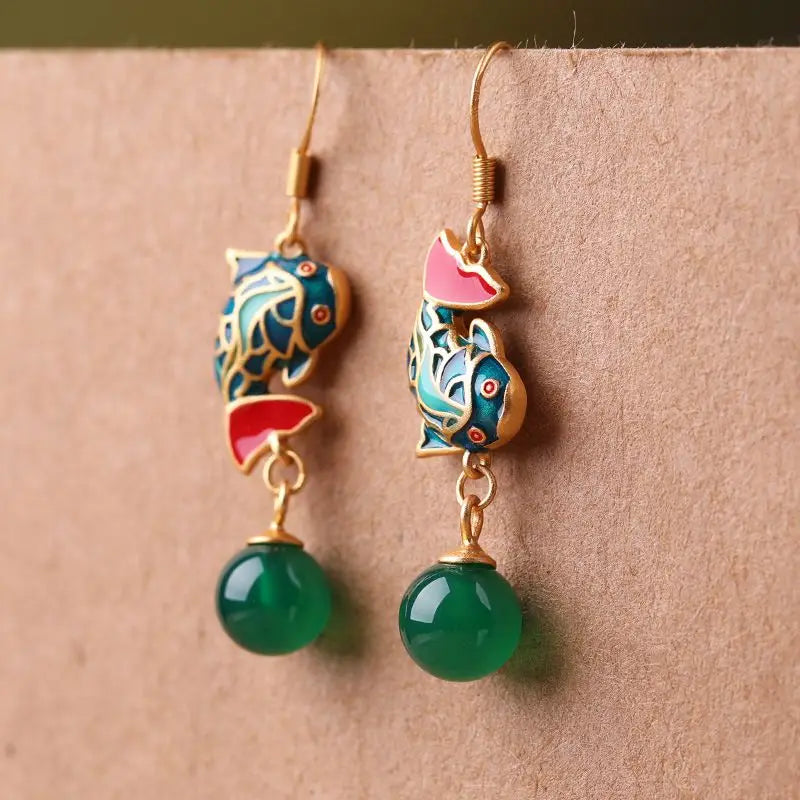 Vintage Carp Fish Dangle Earrings Retro Green Agate Pendant Women Jewelry