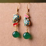 Vintage Carp Fish Dangle Earrings Retro Green Agate Pendant Women Jewelry