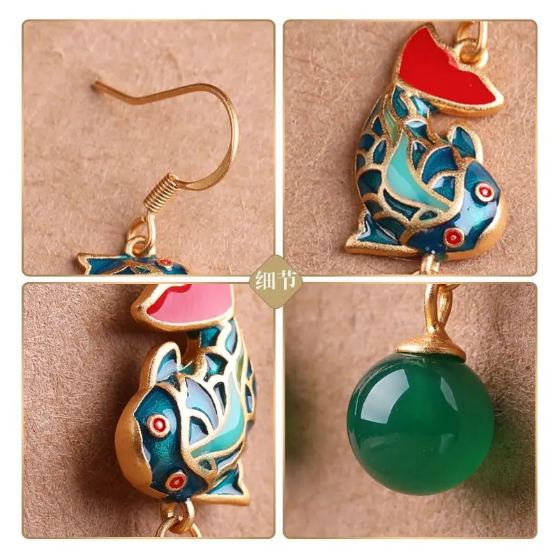 Vintage Carp Fish Dangle Earrings Retro Green Agate Pendant Women Jewelry
