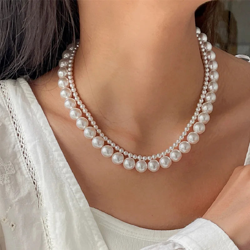 Imitated Pearl Double Layer Chains Choker Necklace