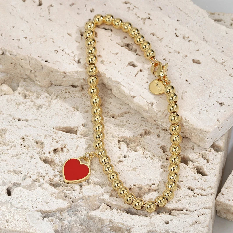 Enamel Heart Bracelet Ball Chain S925 Sterling Silver Rose Jewelry