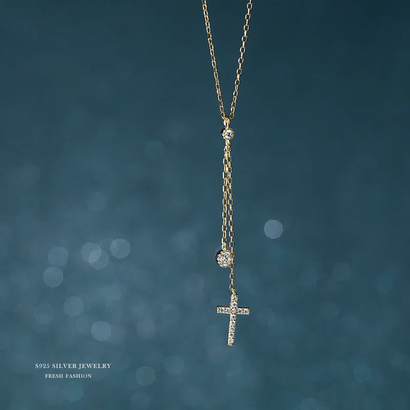 925 Silver CZ Cross Pendant Short Necklace Gift Girls