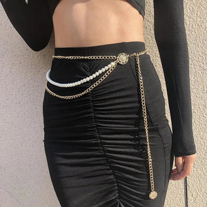 Women's Hip High Waist Metal Chain Tassel Pearl Diamond Waist Chain