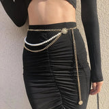 Women's Hip High Waist Metal Chain Tassel Pearl Diamond Waist Chain