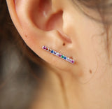 Rainbow Cz Bar 925 Sterling Silver Climber Earring