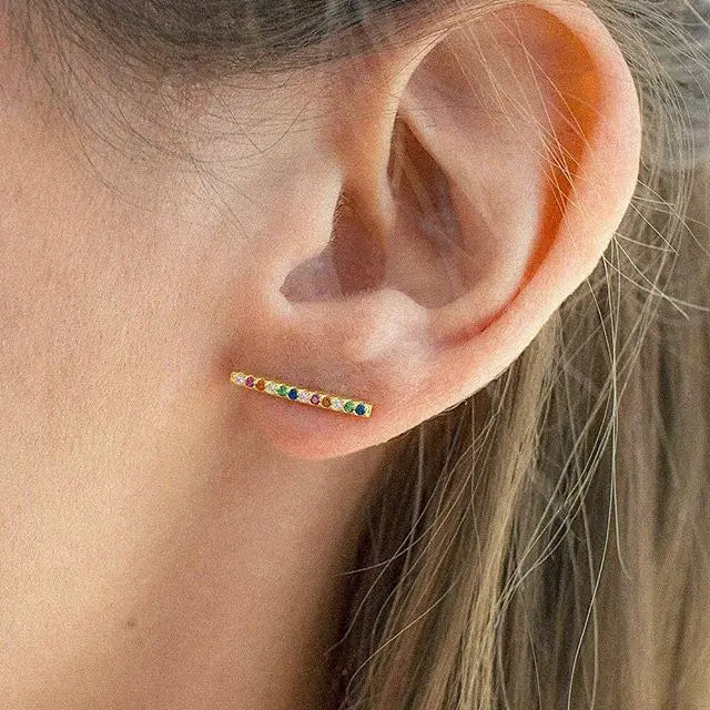 Colorful Rainbow CZ Bar 925 Sterling Silver Climber Earrings