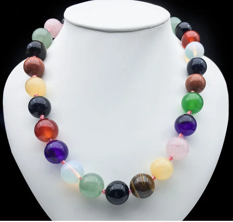 Boho Lariat Beaded Necklace Natural Stones Flat Round 16*16*5mm