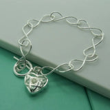 925 Silver Hollow Chain Heart Charm 8'' Bracelet for Women