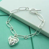 925 Silver Hollow Chain Heart Charm 8'' Bracelet for Women