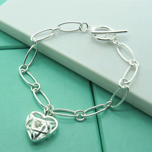925 Silver Hollow Chain Heart Charm 8'' Bracelet for Women