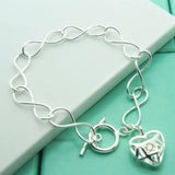 925 Silver Hollow Chain Heart Charm 8'' Bracelet for Women