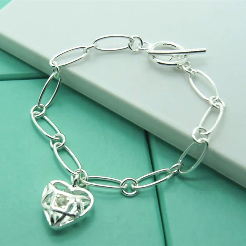 925 Silver Hollow Chain Heart Charm 8'' Bracelet for Women
