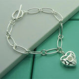 925 Silver Hollow Chain Heart Charm 8'' Bracelet for Women
