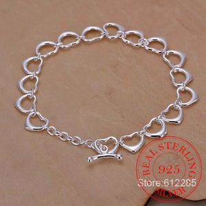 925 Sterling Silver Hollow Heart Charm 8'' Chain Bracelet Bangle