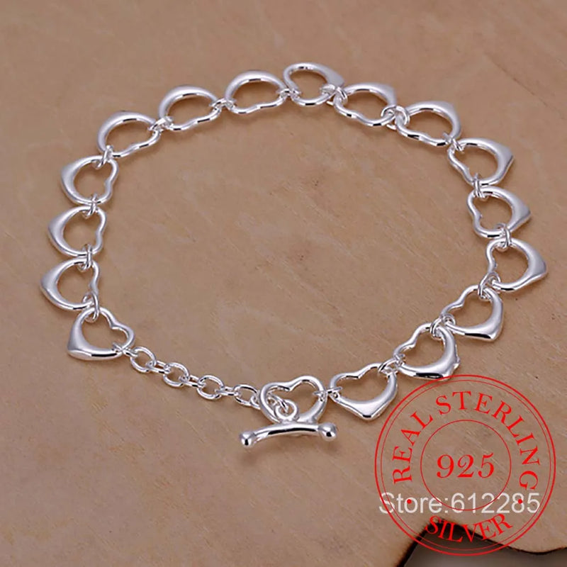 925 Sterling Silver Hollow Heart Charm 8'' Chain Bracelet Bangle