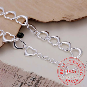 925 Sterling Silver Hollow Heart Charm 8'' Chain Bracelet Bangle