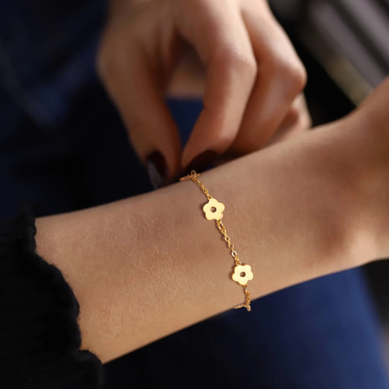 Women's Flower Chain Bracelet, Stainless Steel Link Adjustable