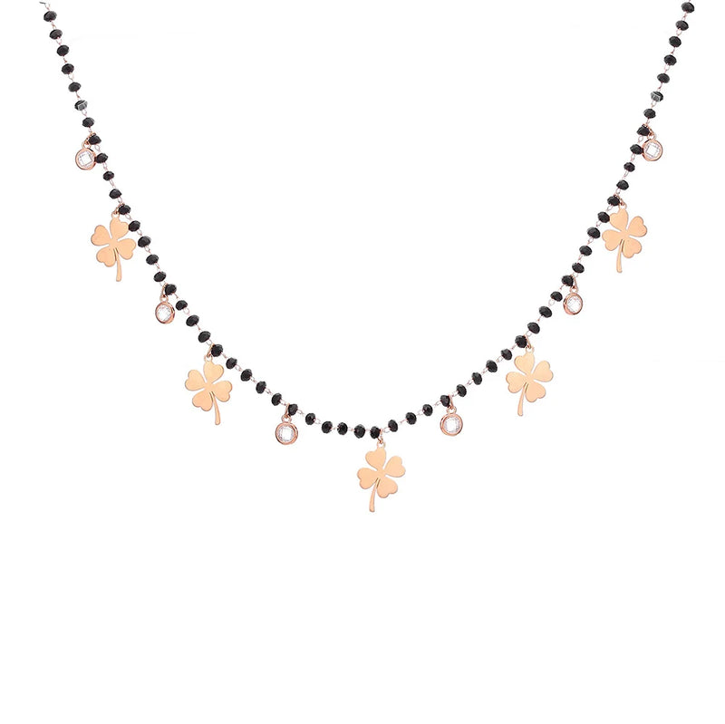 Women's Four Clover Chokers Stainless Steel Pendant Beads Crystal Chain Necklace