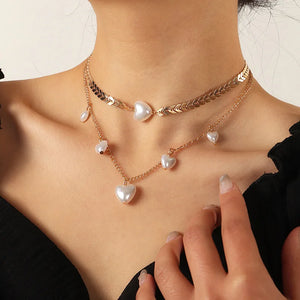 Heart Pearl Necklace Double Layered Love Pearl Necklace
