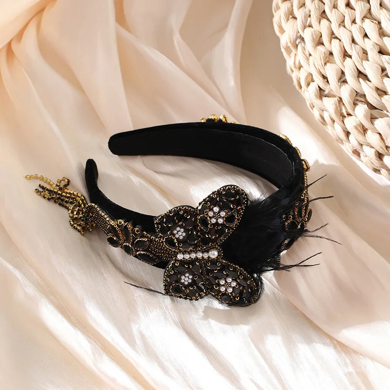 Butterfly Rhinestone Tassel Headband with Feather Hair Jewelry