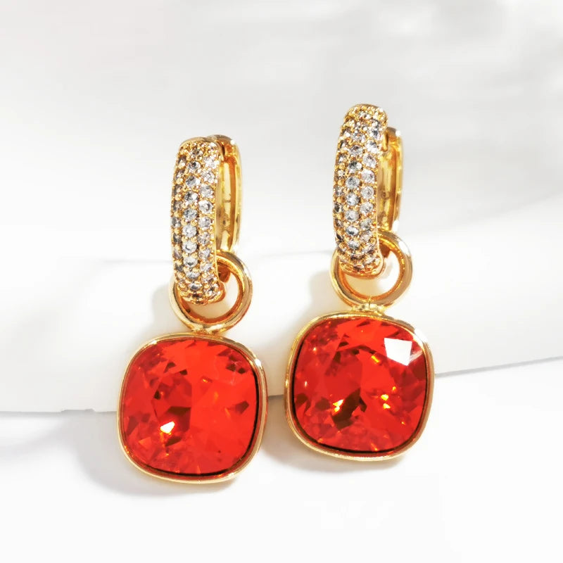 Women's Hoop Earrings with Square Charm Top Crystals Austria