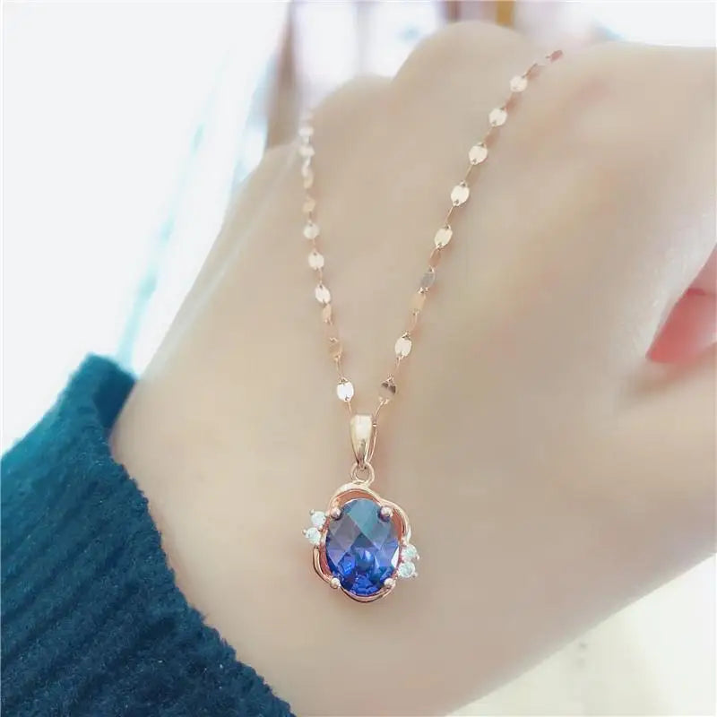 14K Rose Pendant with Purple Sapphire Oval Crystal Chains