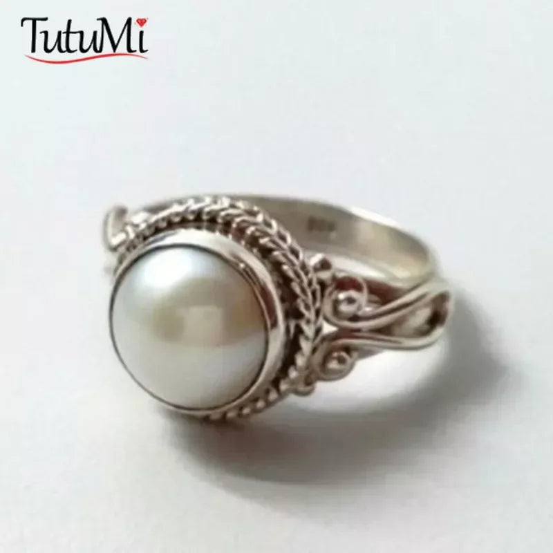 S925 Silver Ring Retro Thai Silver Inlaid Pearl Engagement Wedding Ring