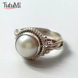 S925 Silver Ring Retro Thai Silver Inlaid Pearl Engagement Wedding Ring